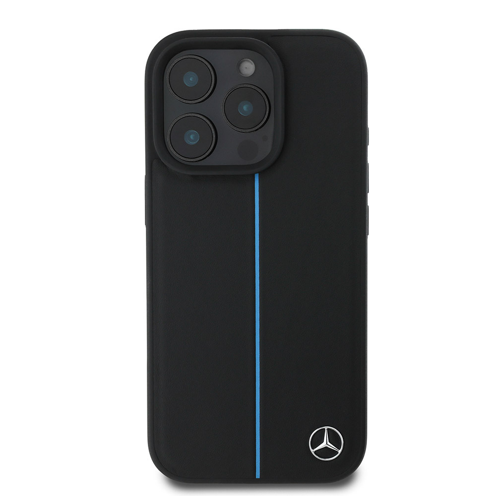 Apple iPhone 16 Pro Max Uyumlu Kılıf Mercedes Benz Orjinal Lisanslı Magsafe Şarj Özellikli Metal Yıldız Logolu Mavi Çizgili Deri Kapak - 2