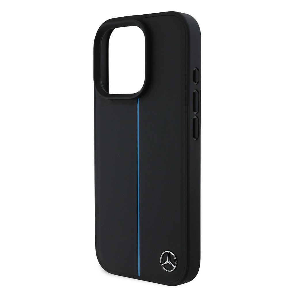 Apple iPhone 16 Pro Max Uyumlu Kılıf Mercedes Benz Orjinal Lisanslı Magsafe Şarj Özellikli Metal Yıldız Logolu Mavi Çizgili Deri Kapak - 5