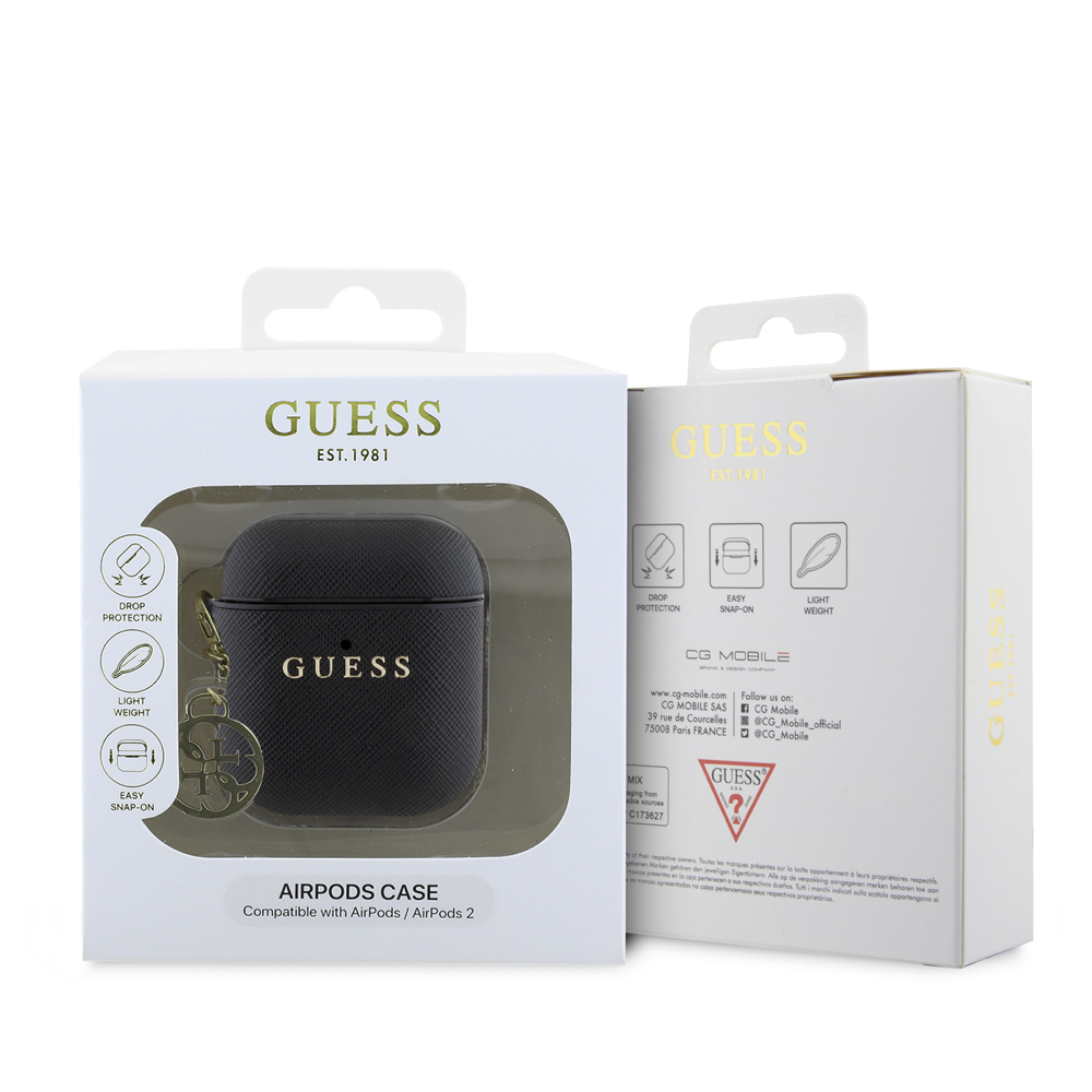 Apple Airpods Uyumlu Kılıf Guess Orjinal Lisanslı Dokulu 4G Yuvarlak Süs Zincirli Saffiano Kılıf - 5