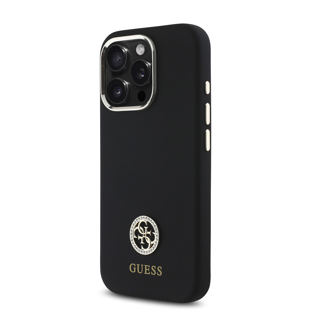 Apple iPhone 16 Pro Uyumlu Kılıf Guess Orjinal Lisanslı Yazı ve Taşlı 4G Logolu Metal Kamera Çerçeveli Silikon Kapak - 1