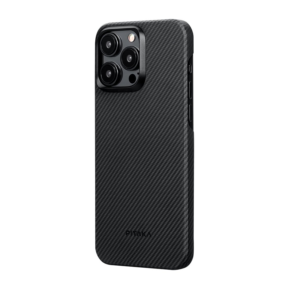 Apple iPhone 15 Pro Uyumlu Kılıf Magsafe Şarj Özellikli 600D Aramid Fiber Pitaka Ultra-Slim Classic Serisi Black-Grey Twill Kapak - 2