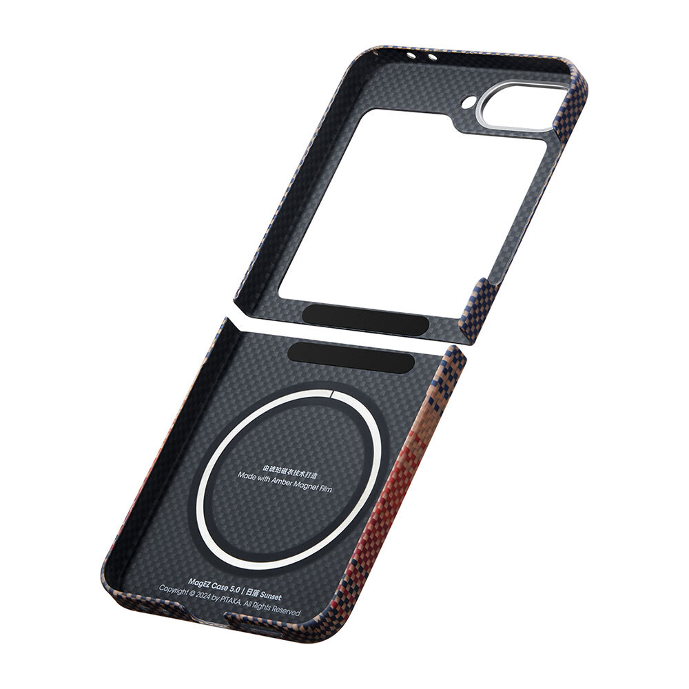 Samsung Galaxy Z Flip 6 Uyumlu Kılıf Magsafe Şarj Özellikli Aramid Fiber Pitaka Tactile Woven Sunset-Moonrise Serisi Sunset Kapak - 7