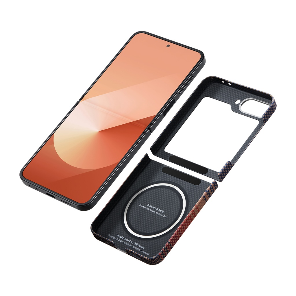 Samsung Galaxy Z Flip 6 Uyumlu Kılıf Magsafe Şarj Özellikli Aramid Fiber Pitaka Tactile Woven Sunset-Moonrise Serisi Sunset Kapak - 8