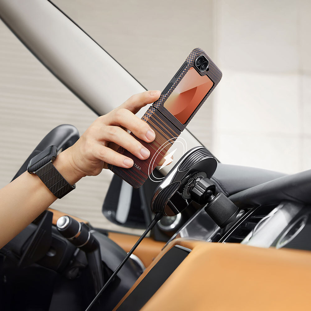 Samsung Galaxy Z Flip 6 Uyumlu Kılıf Magsafe Şarj Özellikli Aramid Fiber Pitaka Tactile Woven Sunset-Moonrise Serisi Sunset Kapak - 13