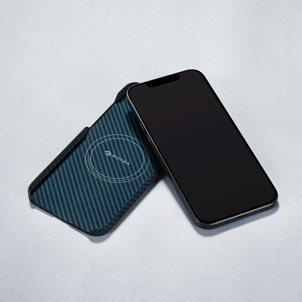 Apple iPhone 15 Pro Uyumlu Kılıf Magsafe Şarj Özellikli 1500D Aramid Fiber Pitaka Ultra-Slim Classic Serisi Black-Blue Twill Kapak - 17