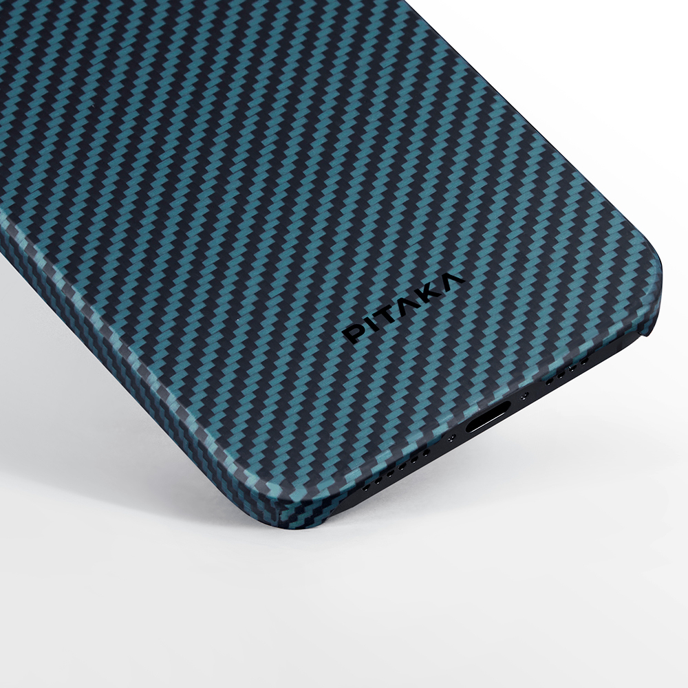 Apple iPhone 15 Pro Uyumlu Kılıf Magsafe Şarj Özellikli 1500D Aramid Fiber Pitaka Ultra-Slim Classic Serisi Black-Blue Twill Kapak - 18