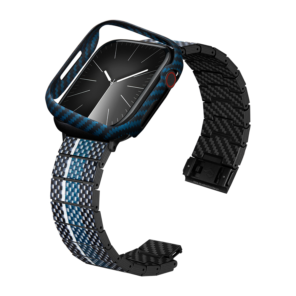 Apple Watch 7 45mm Uyumlu 600D Aramid Fiber Classic Serisi Black-Blue Twill Kasa Koruyucu Pitaka Air Case - 9