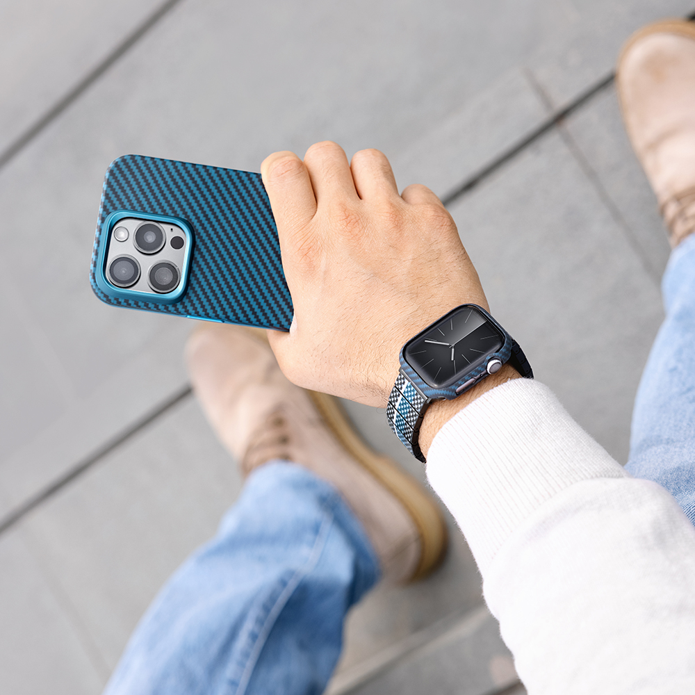 Apple Watch 7 45mm Uyumlu 600D Aramid Fiber Classic Serisi Black-Blue Twill Kasa Koruyucu Pitaka Air Case - 14