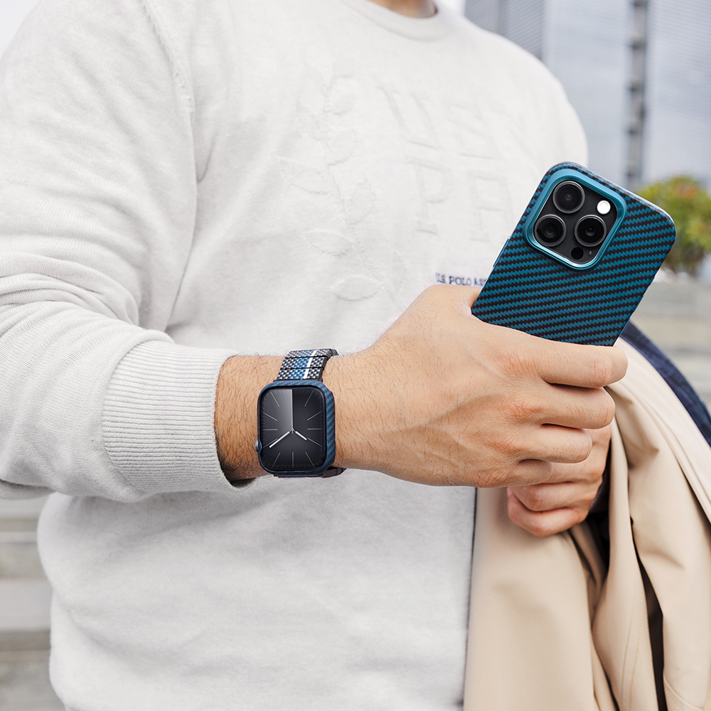 Apple Watch 7 45mm Uyumlu 600D Aramid Fiber Classic Serisi Black-Blue Twill Kasa Koruyucu Pitaka Air Case - 18