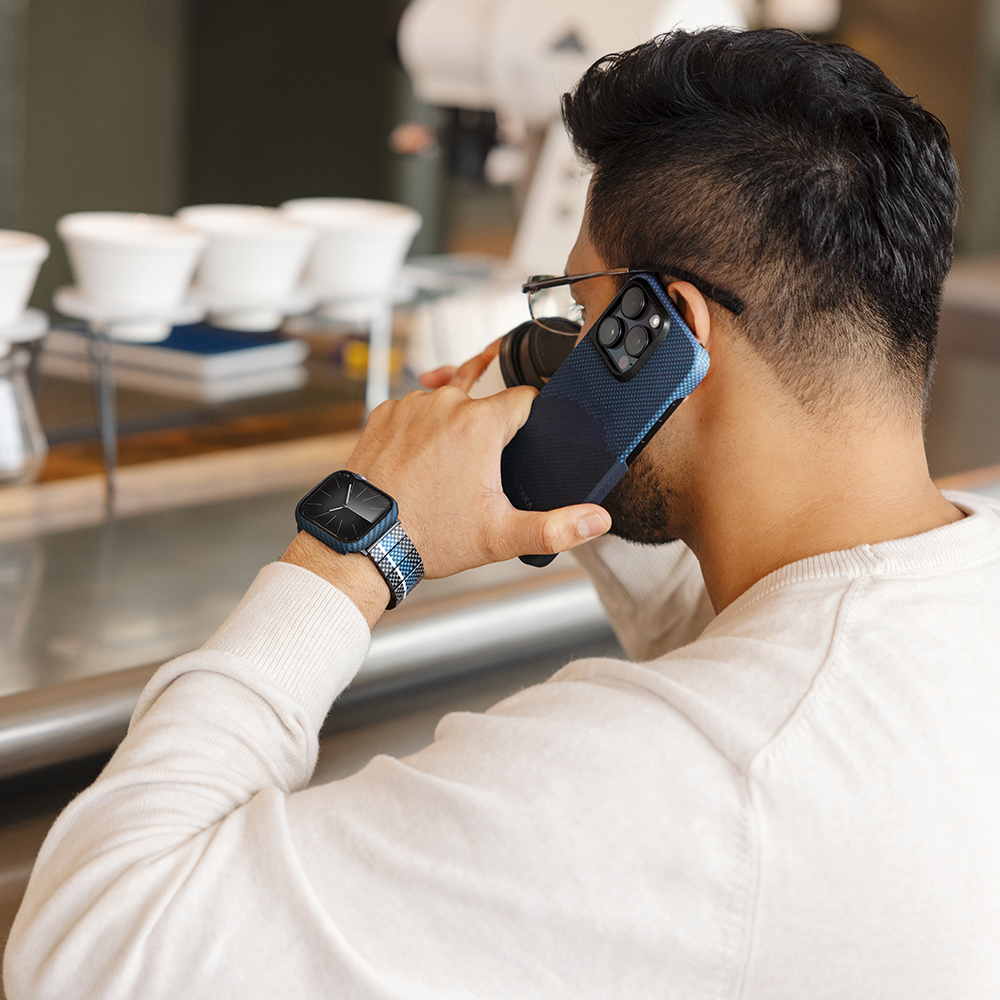 Apple Watch 7 45mm Uyumlu 600D Aramid Fiber Classic Serisi Black-Blue Twill Kasa Koruyucu Pitaka Air Case - 19