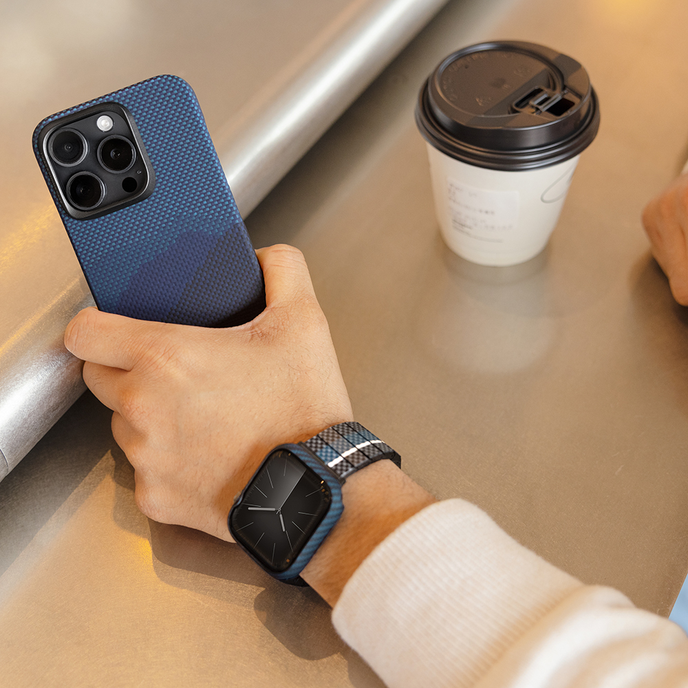 Apple Watch 7 45mm Uyumlu 600D Aramid Fiber Classic Serisi Black-Blue Twill Kasa Koruyucu Pitaka Air Case - 20