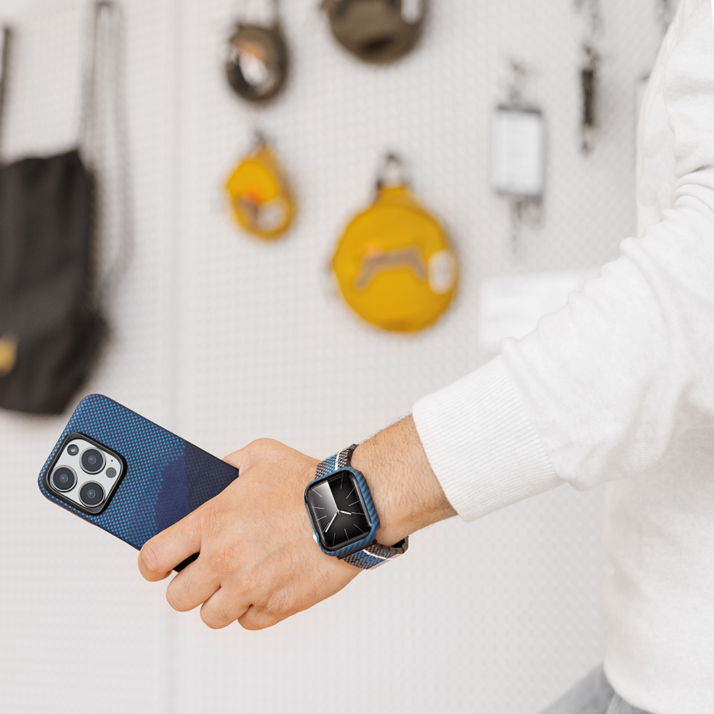 Apple Watch 7 45mm Uyumlu 600D Aramid Fiber Classic Serisi Black-Blue Twill Kasa Koruyucu Pitaka Air Case - 21