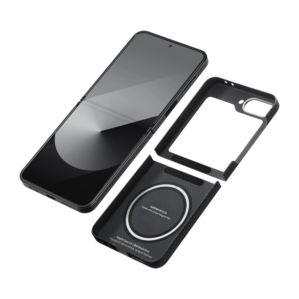 Samsung Galaxy Z Flip 6 Uyumlu Kılıf Magsafe Şarj Özellikli 600D Aramid Fiber Pitaka Ultra-Slim Classic Serisi Black-Grey Twill Kapak - 9