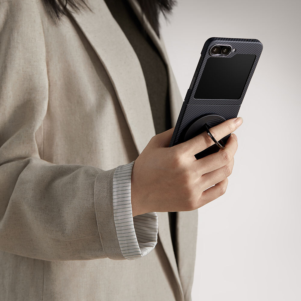 Samsung Galaxy Z Flip 6 Uyumlu Kılıf Magsafe Şarj Özellikli 600D Aramid Fiber Pitaka Ultra-Slim Classic Serisi Black-Grey Twill Kapak - 17