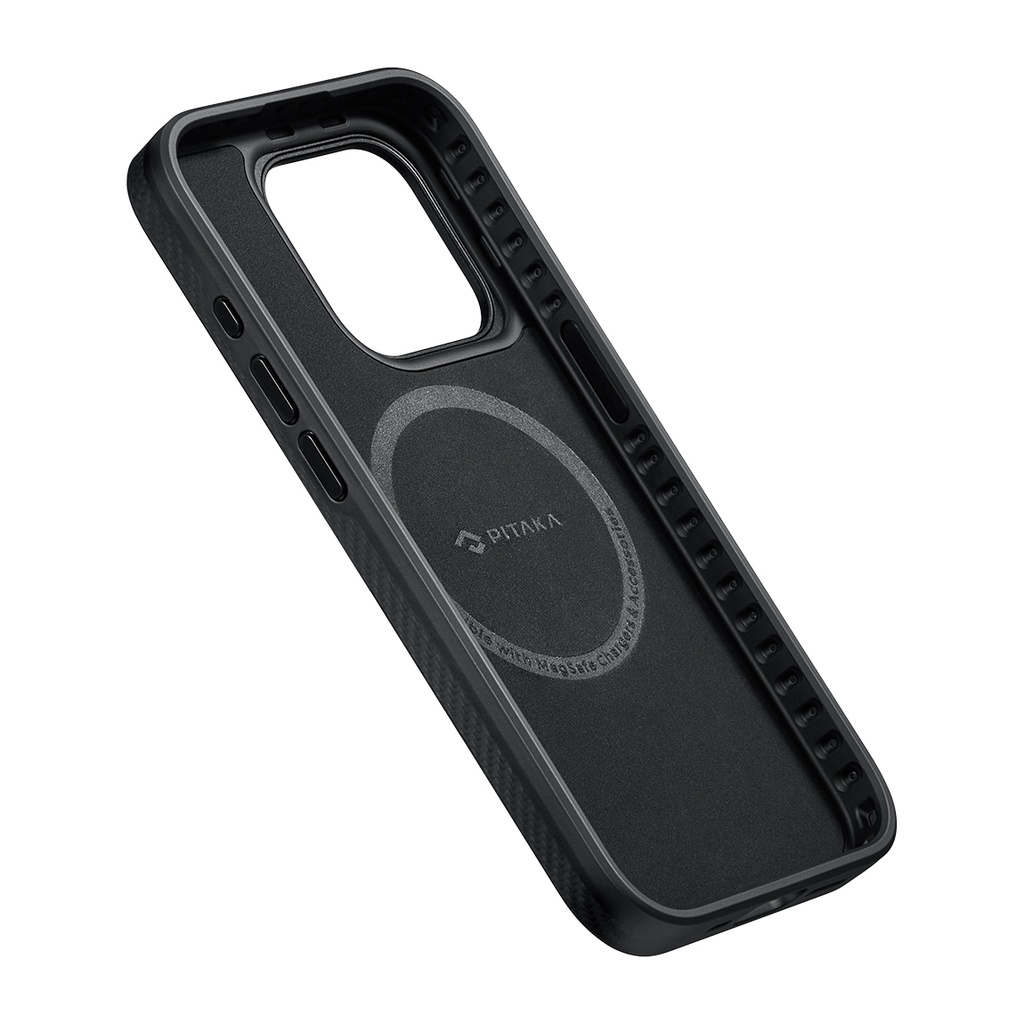 Apple iPhone 15 Pro Max Uyumlu Kılıf Magsafe Şarj Özellikli 600D Aramid Fiber Pitaka Military-Grade Classic Serisi Black-Grey Twill Kapak - 8