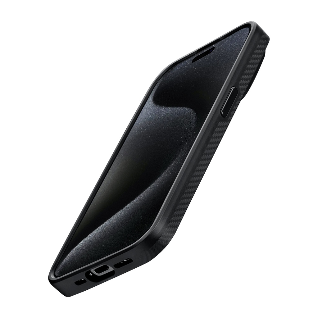 Apple iPhone 15 Pro Max Uyumlu Kılıf Magsafe Şarj Özellikli 600D Aramid Fiber Pitaka Military-Grade Classic Serisi Black-Grey Twill Kapak - 12