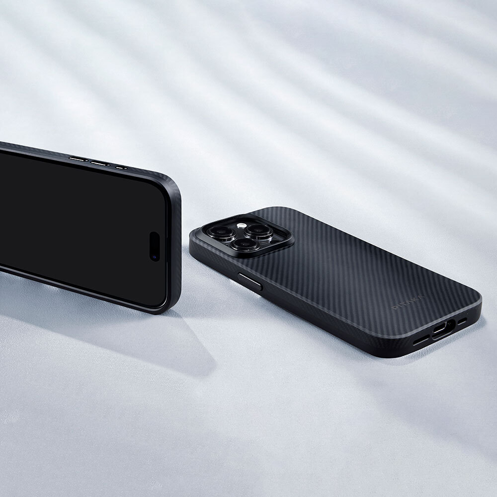 Apple iPhone 15 Pro Max Uyumlu Kılıf Magsafe Şarj Özellikli 600D Aramid Fiber Pitaka Military-Grade Classic Serisi Black-Grey Twill Kapak - 14