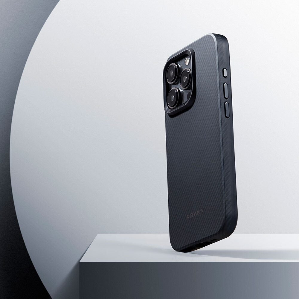 Apple iPhone 15 Pro Max Uyumlu Kılıf Magsafe Şarj Özellikli 600D Aramid Fiber Pitaka Military-Grade Classic Serisi Black-Grey Twill Kapak - 16