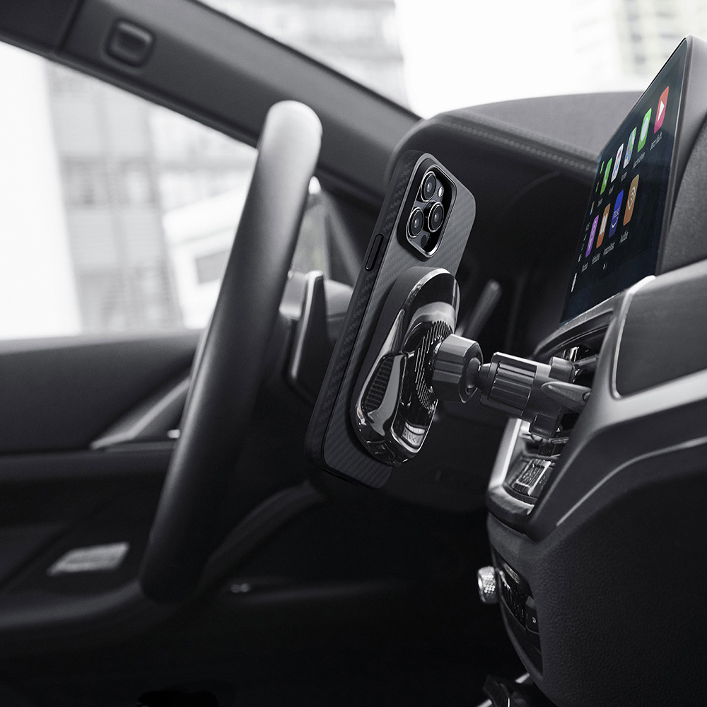 Apple iPhone 15 Pro Max Uyumlu Kılıf Magsafe Şarj Özellikli 1500D Aramid Fiber Pitaka Military-Grade Classic Serisi Black-Grey Twill Kapak - 25