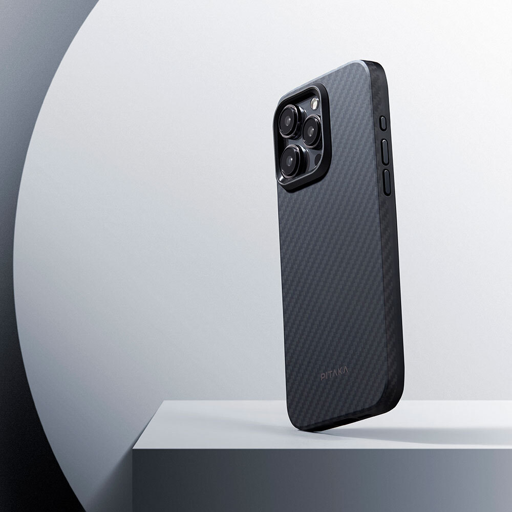 Apple iPhone 15 Pro Max Uyumlu Kılıf Magsafe Şarj Özellikli 1500D Aramid Fiber Pitaka Military-Grade Classic Serisi Black-Grey Twill Kapak - 26