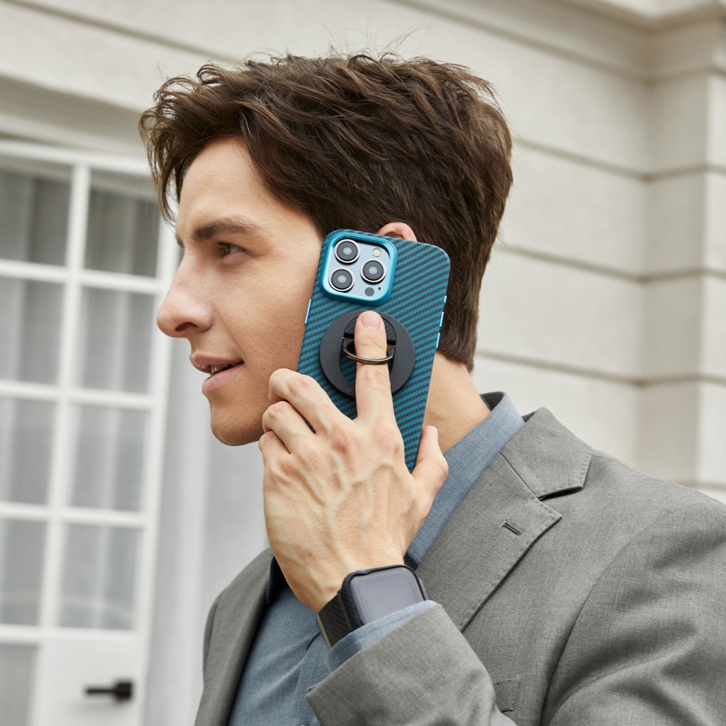 Apple iPhone 15 Pro Max Uyumlu Kılıf Magsafe Şarj Özellikli 1500D Aramid Fiber Pitaka Military-Grade Classic Serisi Black-Grey Twill Kapak - 32