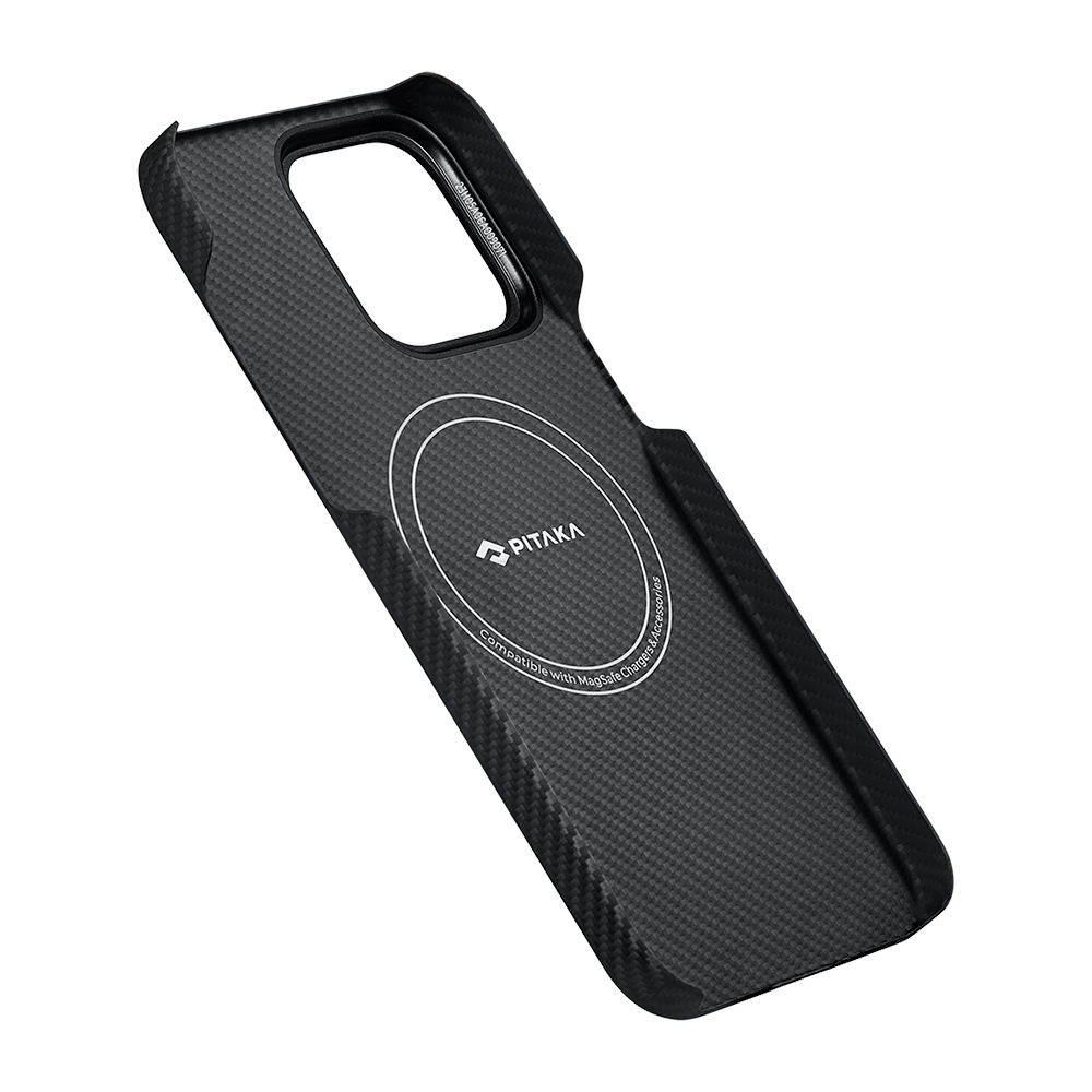 Apple iPhone 15 Pro Max Uyumlu Kılıf Magsafe Şarj Özellikli 600D Aramid Fiber Pitaka Ultra-Slim Classic Serisi Black-Grey Twill Kapak - 9