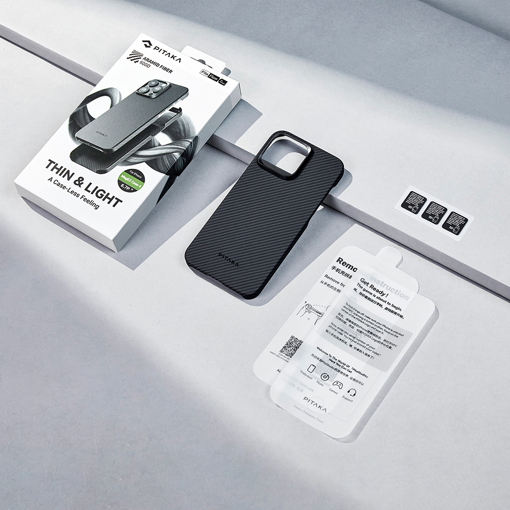 Apple iPhone 15 Pro Max Uyumlu Kılıf Magsafe Şarj Özellikli 600D Aramid Fiber Pitaka Ultra-Slim Classic Serisi Black-Grey Twill Kapak - 12