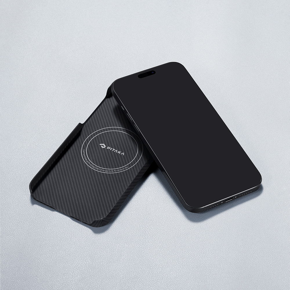 Apple iPhone 15 Pro Max Uyumlu Kılıf Magsafe Şarj Özellikli 600D Aramid Fiber Pitaka Ultra-Slim Classic Serisi Black-Grey Twill Kapak - 14