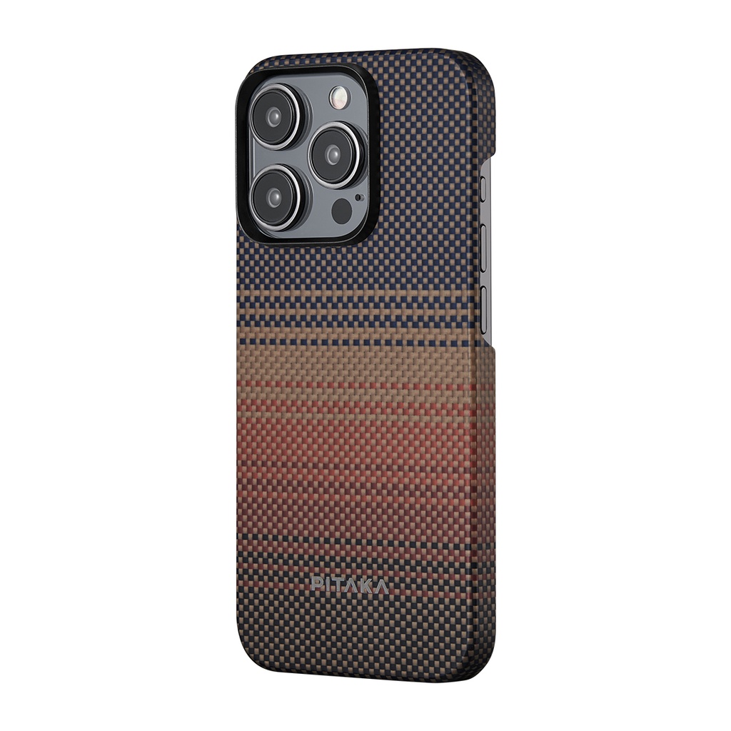 Apple iPhone 15 Pro Uyumlu Kılıf Magsafe Şarj Özellikli Aramid Fiber Pitaka Tactile Woven Sunset-Moonrise Serisi Sunset Kapak - 2