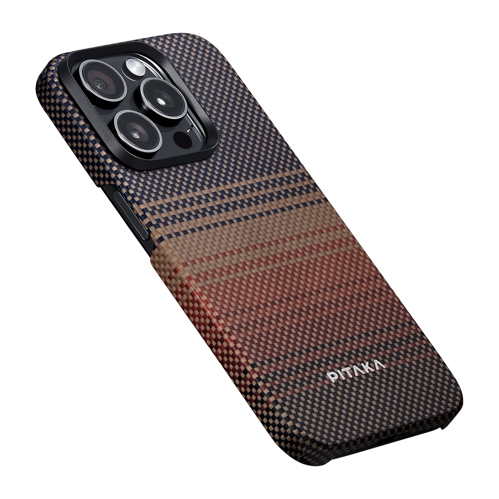 Apple iPhone 15 Pro Max Uyumlu Kılıf Magsafe Şarj Özellikli Aramid Fiber Pitaka Tactile Woven Sunset-Moonrise Serisi Sunset Kapak - 8