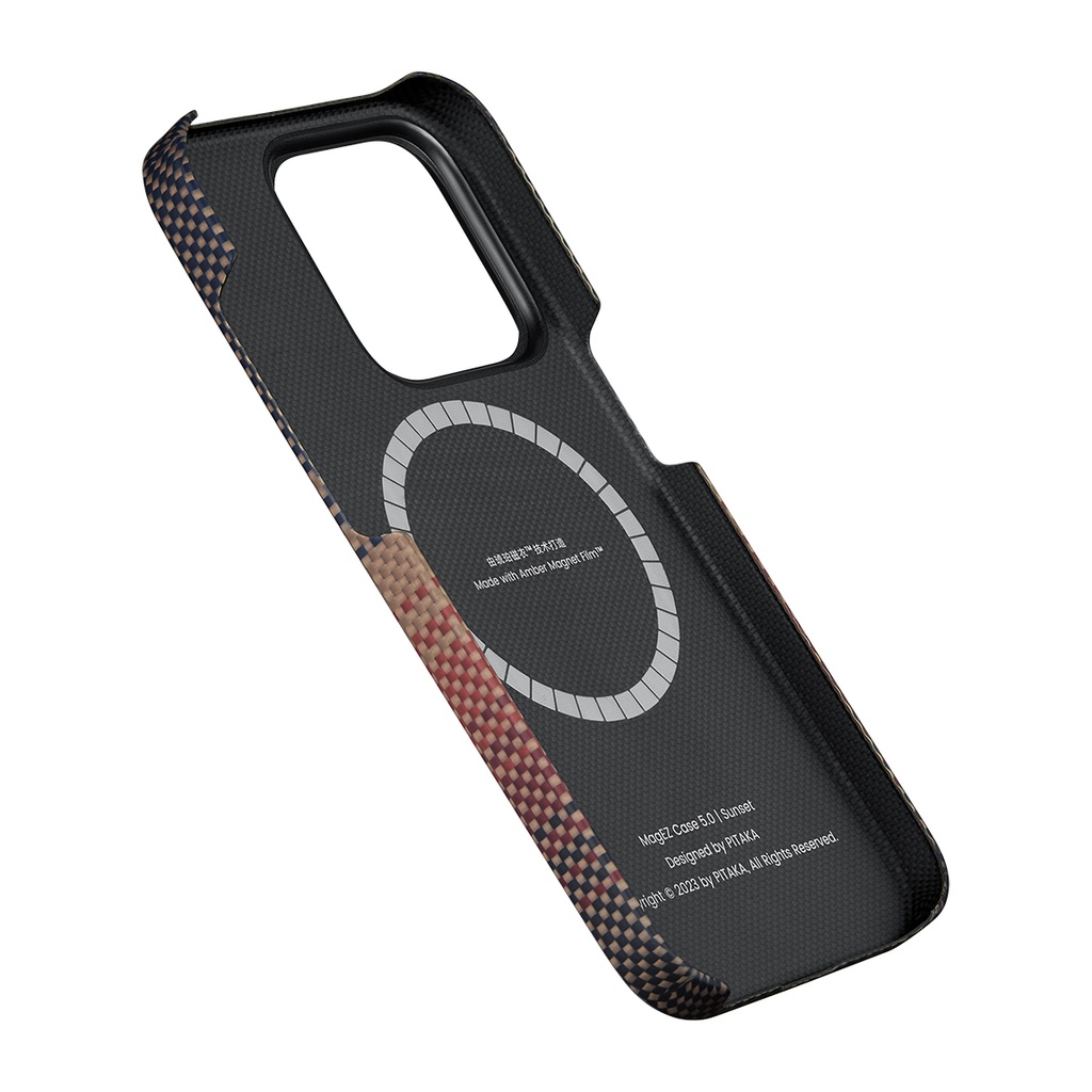 Apple iPhone 15 Pro Max Uyumlu Kılıf Magsafe Şarj Özellikli Aramid Fiber Pitaka Tactile Woven Sunset-Moonrise Serisi Sunset Kapak - 9