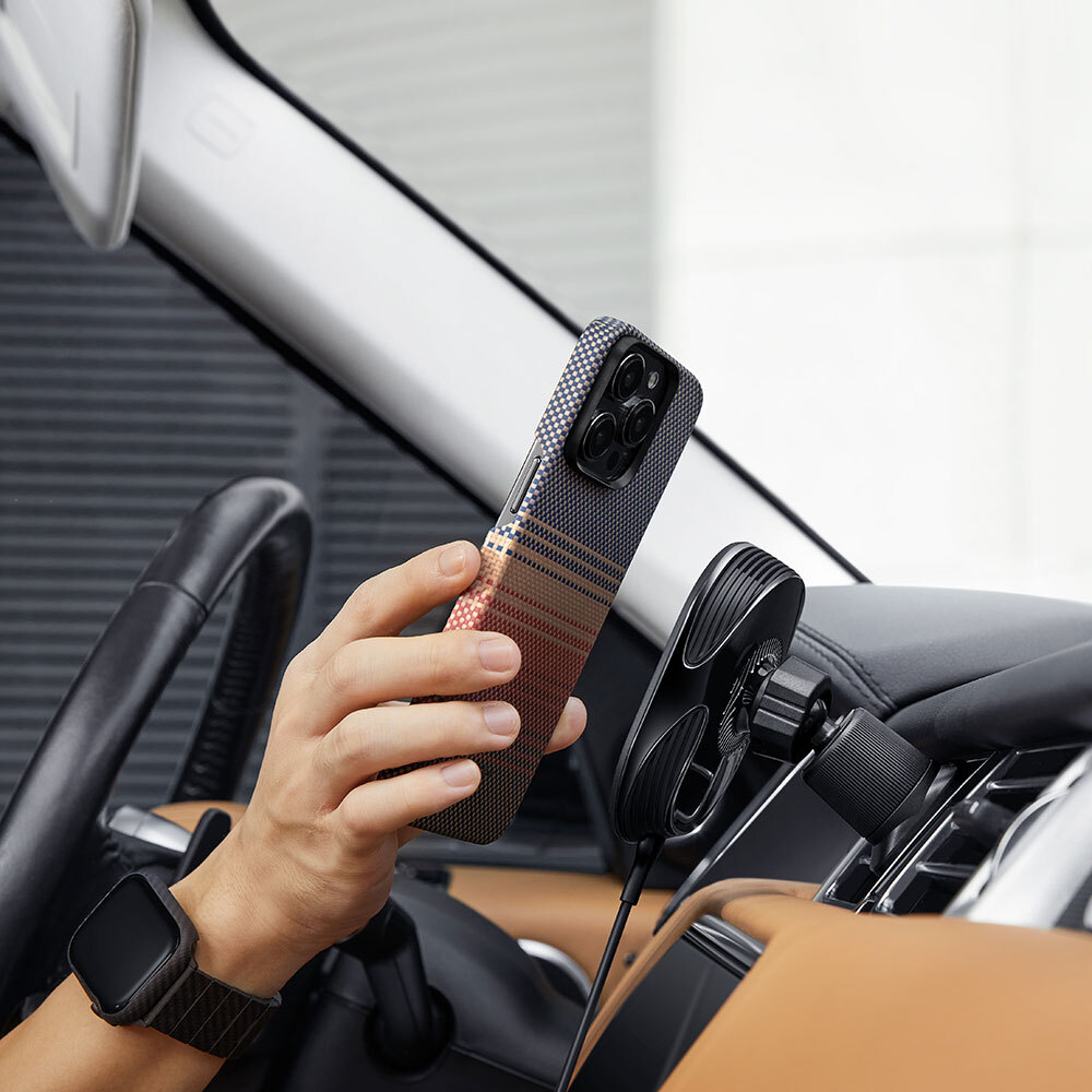 Apple iPhone 15 Pro Max Uyumlu Kılıf Magsafe Şarj Özellikli Aramid Fiber Pitaka Tactile Woven Sunset-Moonrise Serisi Sunset Kapak - 10