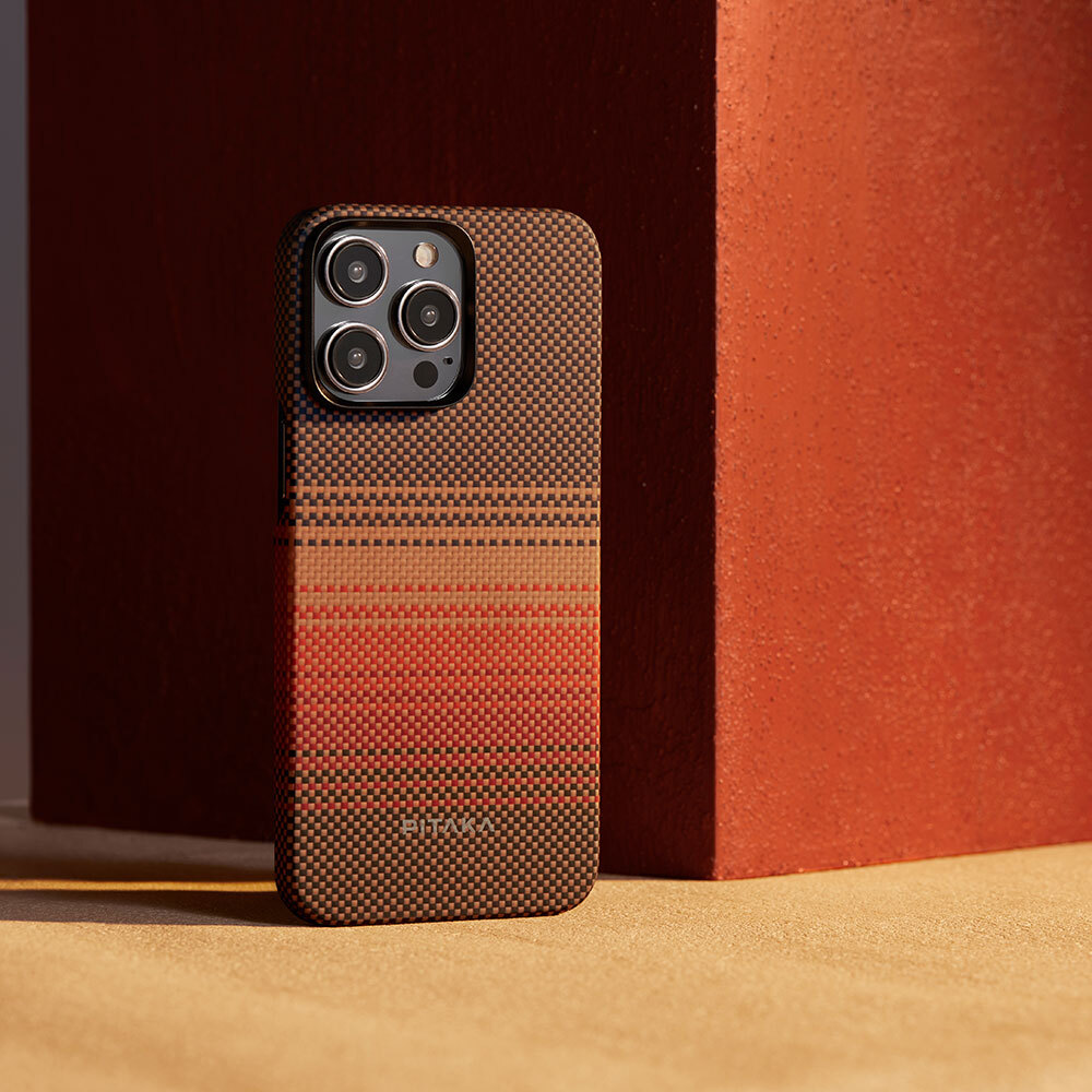 Apple iPhone 15 Pro Max Uyumlu Kılıf Magsafe Şarj Özellikli Aramid Fiber Pitaka Tactile Woven Sunset-Moonrise Serisi Sunset Kapak - 17