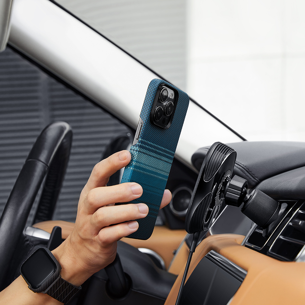 Apple iPhone 15 Pro Max Uyumlu Kılıf Magsafe Şarj Özellikli Aramid Fiber Pitaka Tactile Woven Sunset-Moonrise Serisi Moonrise Kapak - 12