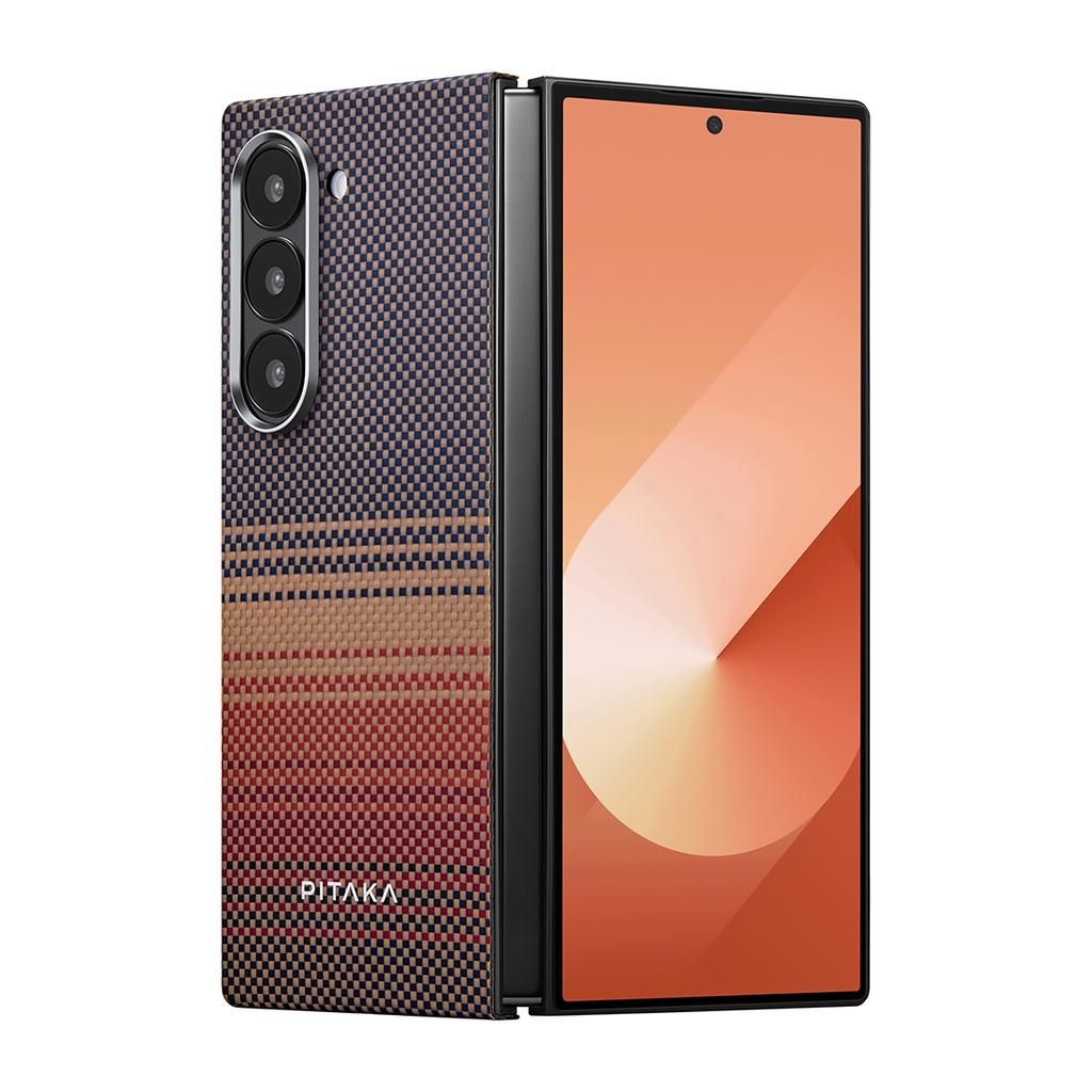 Samsung Galaxy Z Fold 6 Uyumlu Kılıf Magsafe Şarj Özellikli Aramid Fiber Pitaka Tactile Woven Sunset-Moonrise Serisi Sunset Kapak - 1