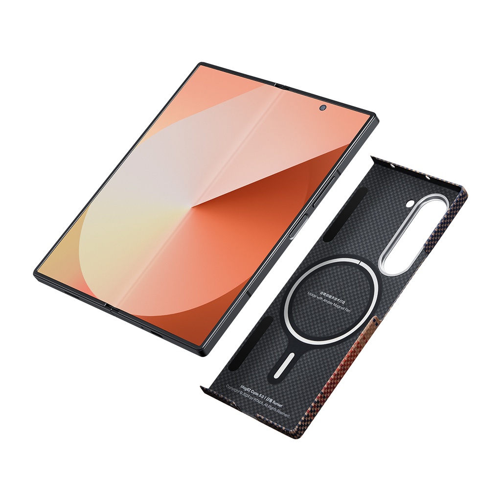 Samsung Galaxy Z Fold 6 Uyumlu Kılıf Magsafe Şarj Özellikli Aramid Fiber Pitaka Tactile Woven Sunset-Moonrise Serisi Sunset Kapak - 5