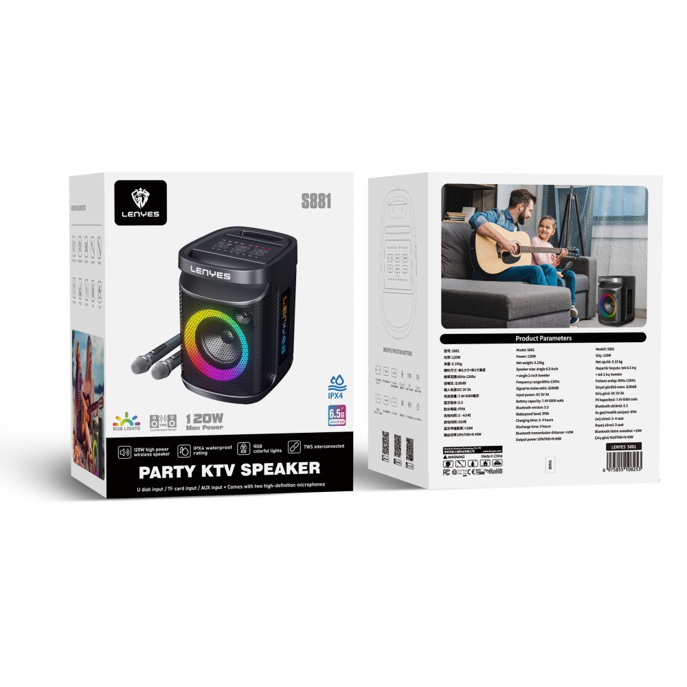 Lenyes S881 Su Geçirmez Mikrofonlu Çoklu Giriş RGB Işıklı TWS Karaoke FM Bluetooth Hoparlör v5.3 - 12
