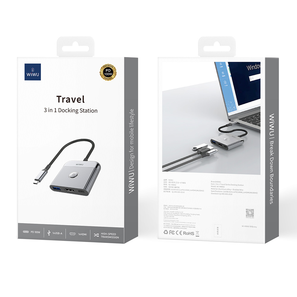 Wiwu Wi-HB8002 Travel Serisi 3in1 HDMI (4K@60Hz) Girişli 100W PD Type-C Hub Bağlantı İstasyonu - 5