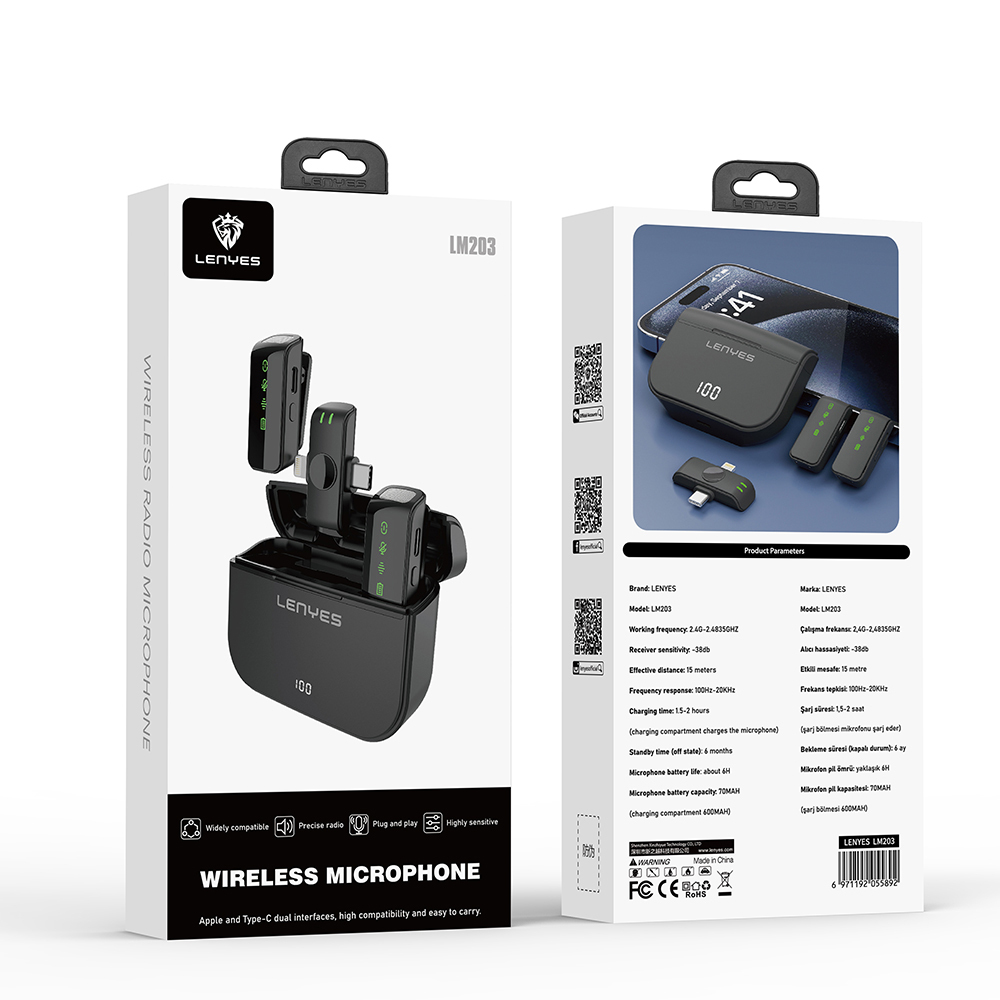 Lenyes LM203 2in1 Type-C ve Lightning Portlu Kablosuz Yaka Mikrofonu - 11