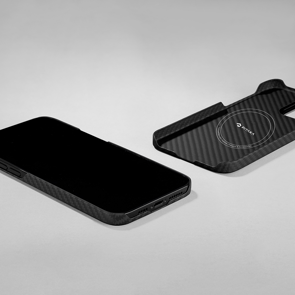 Apple iPhone 14 Uyumlu Kılıf Magsafe Şarj Özellikli 1500D Aramid Fiber Pitaka Ultra-Slim Classic Serisi Black-Grey Twill Kapak - 13