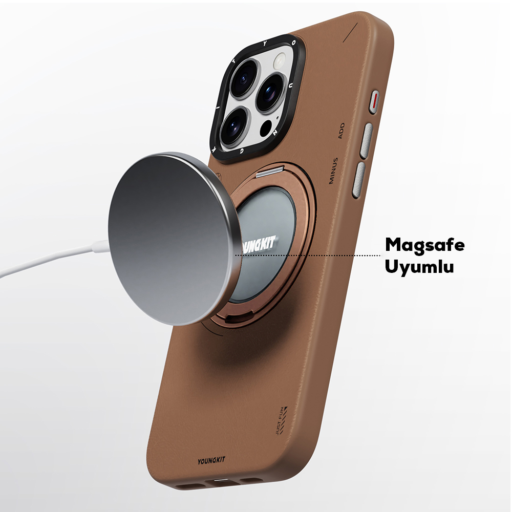 Apple iPhone 15 Pro Max Uyumlu Kılıf Magsafe Şarj Özellikli 360° Standlı Basit Mat Deri Desenli Youngkit Tech Leather Serisi Kapak - 3