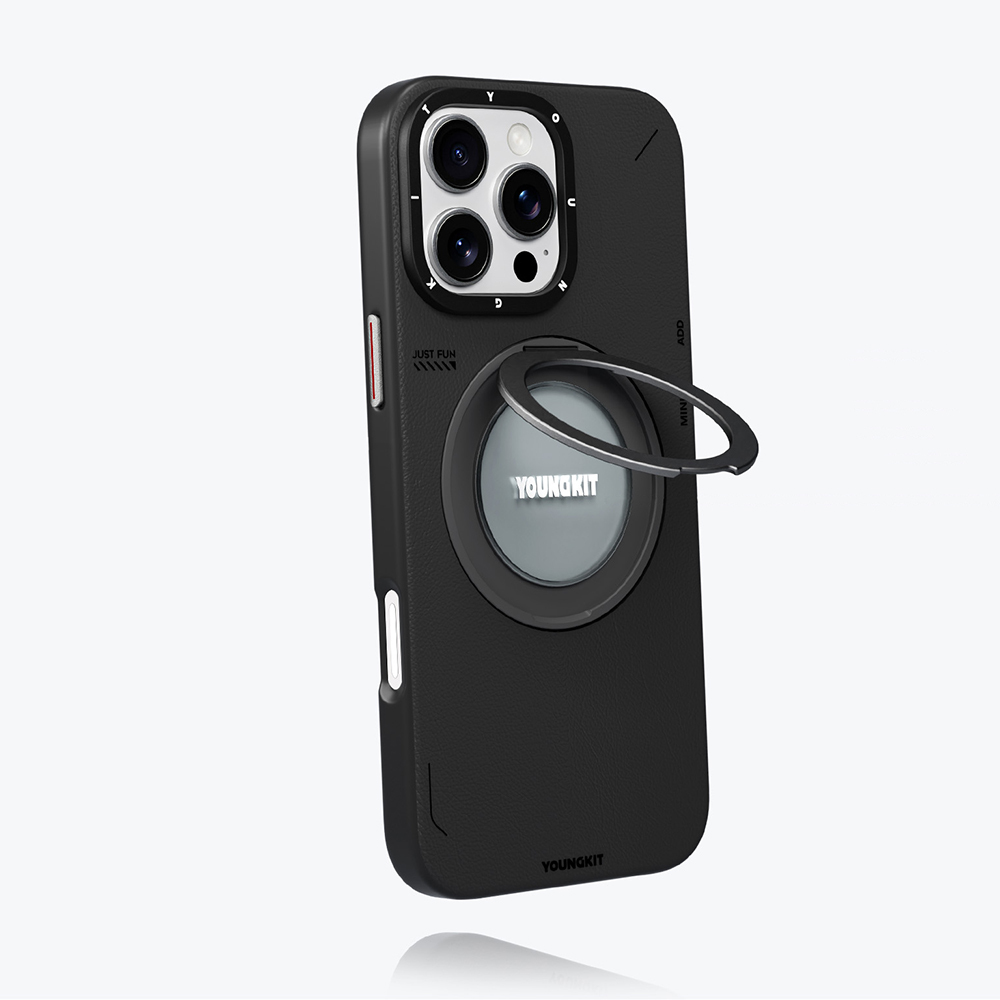 Apple iPhone 16 Pro Uyumlu Kılıf Magsafe Şarj Özellikli 360° Standlı Basit Mat Deri Desenli Youngkit Tech Leather Serisi Kapak - 13