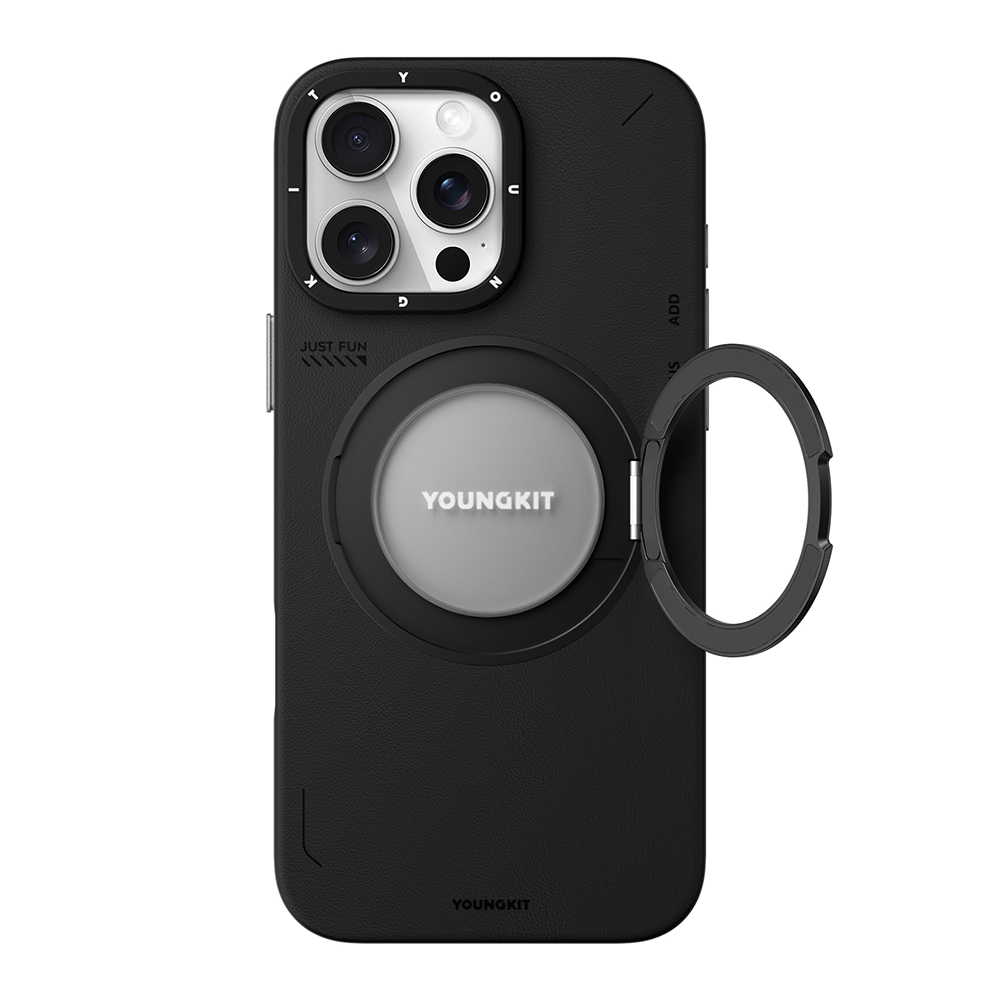 Apple iPhone 16 Pro Max Uyumlu Kılıf Magsafe Şarj Özellikli 360° Standlı Basit Mat Deri Desenli Youngkit Tech Leather Serisi Kapak - 2