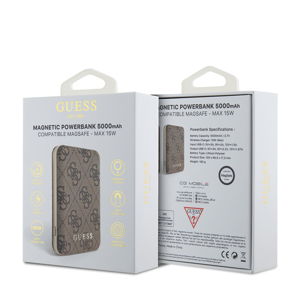 Guess Orjinal Lisanslı Dijital Led Göstergeli PU Deri 4G Desenli Metal Yazı Logolu Powerbank 5000mAh 15W - 5