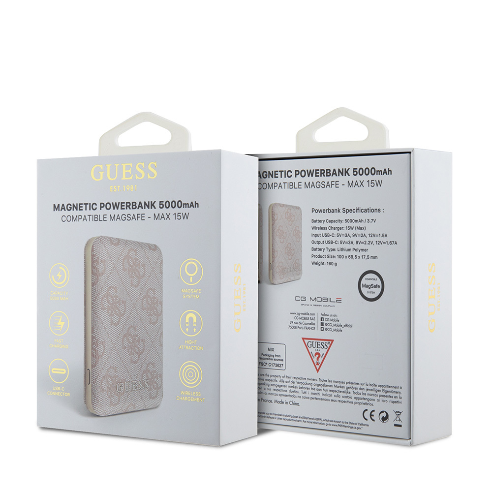 Guess Orjinal Lisanslı Dijital Led Göstergeli PU Deri 4G Desenli Metal Yazı Logolu Powerbank 5000mAh 15W - 11