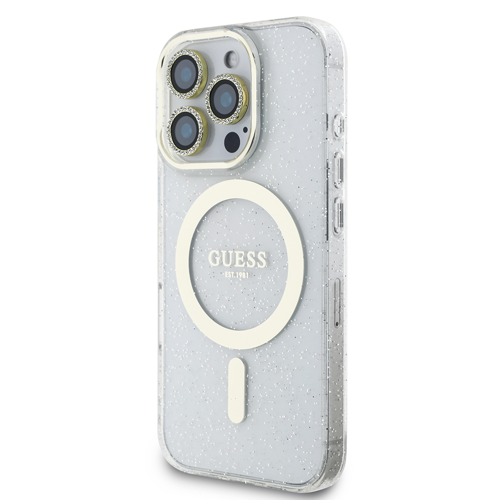Apple iPhone 16 Pro Max Uyumlu Guess Orjinal Lisanslı 3'lü Aksesuar Seti IML Baskılı Simli Glitter Kılıf + Ekran Koruyucu + Lens Koruyucu - 1