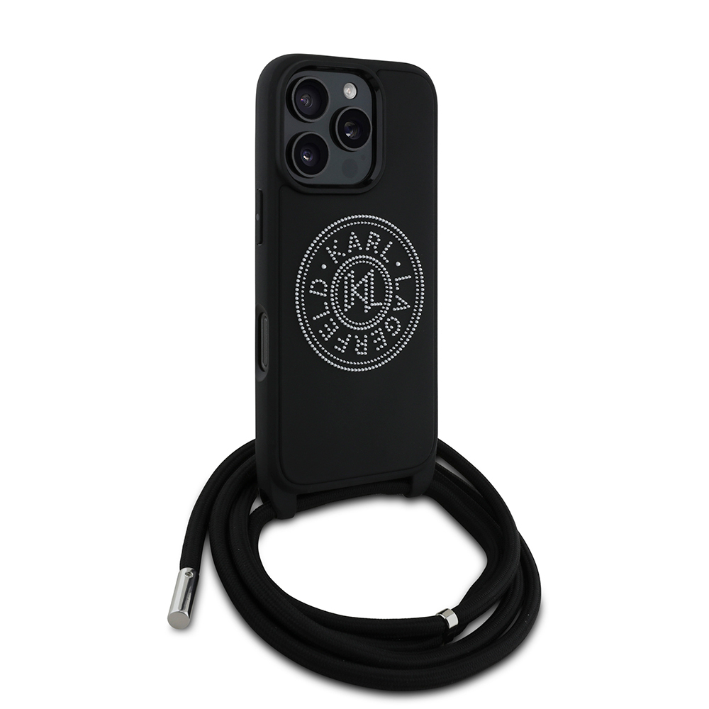 Apple iPhone 16 Pro Max Uyumlu Kılıf Karl Lagerfeld Orjinal Lisanslı Askı İpli Taşlı KL Yazılı Crossbody Cord Kapak - 1