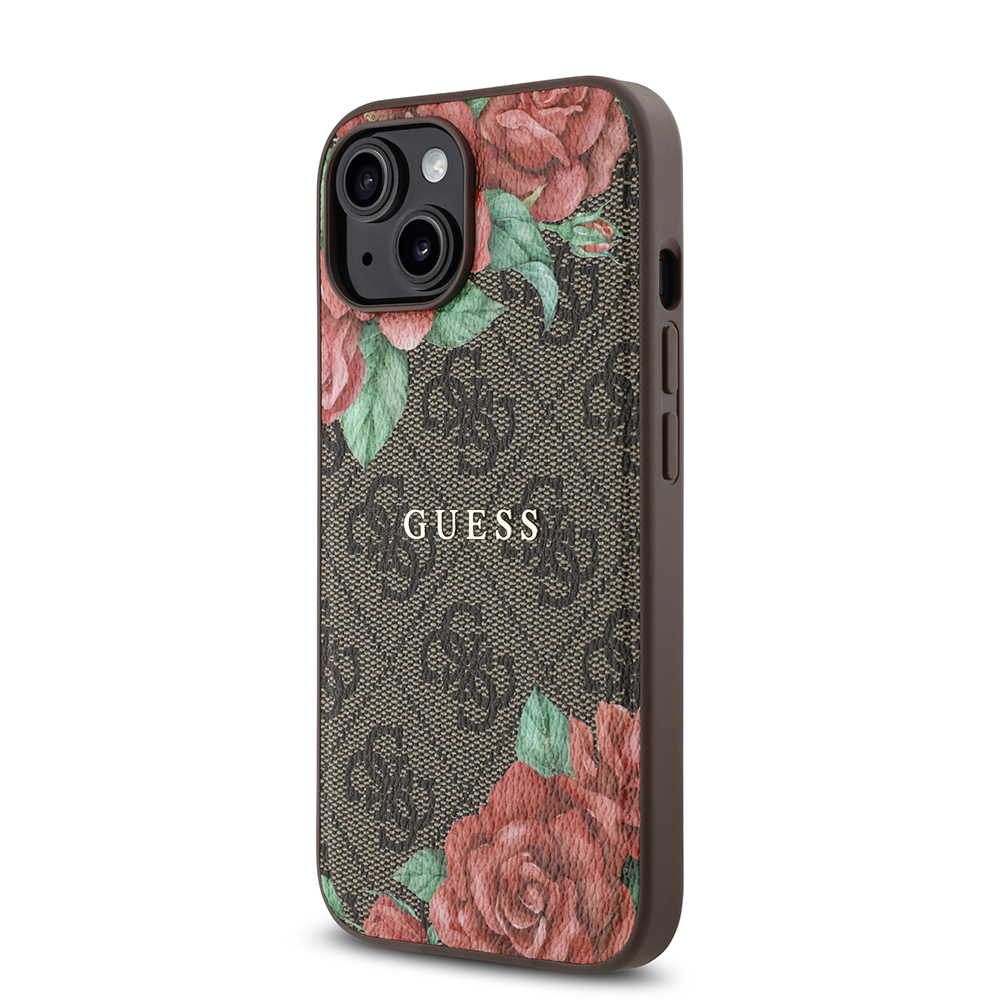 Apple iPhone 15 Uyumlu Kılıf Guess Orjinal Lisanslı Magsafe Şarj Özellikli Gül Baskılı 4G Desenli Yazı Logolu Kapak - 8