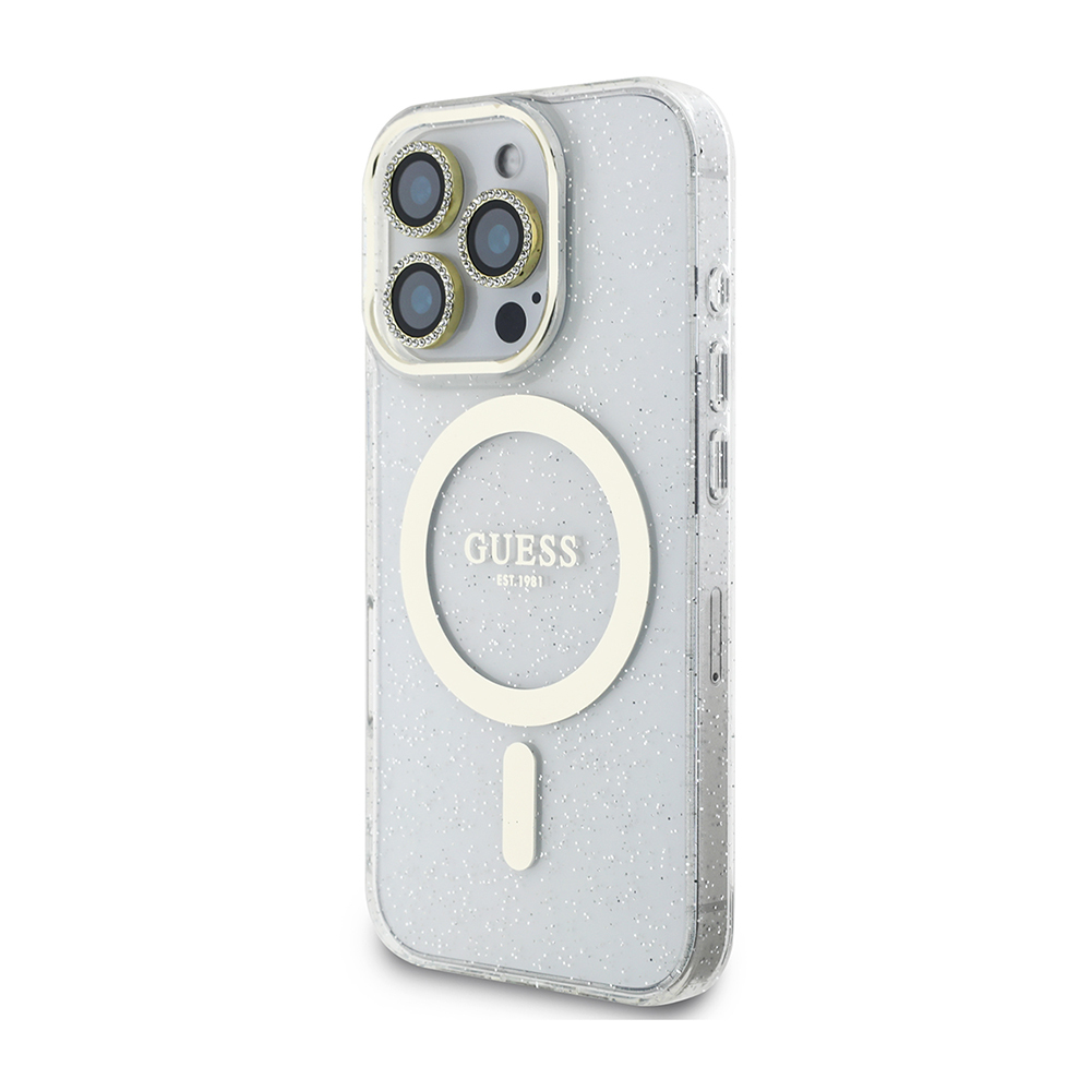 Apple iPhone 16 Pro Uyumlu Guess Orjinal Lisanslı 3'lü Aksesuar Seti IML Baskılı Simli Glitter Kılıf + Ekran Koruyucu + Lens Koruyucu - 1