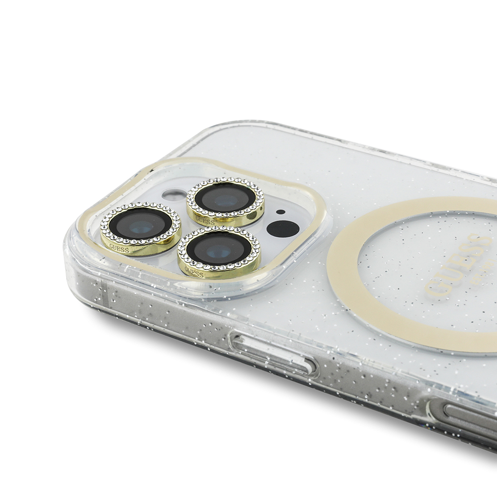 Apple iPhone 16 Pro Uyumlu Guess Orjinal Lisanslı 3'lü Aksesuar Seti IML Baskılı Simli Glitter Kılıf + Ekran Koruyucu + Lens Koruyucu - 3